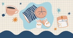 A collage of images that includes tea, a pillow, bunny slippers, and a candle