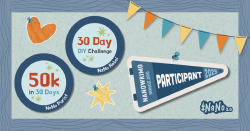 A collage of writing badges in a frame. One says "NaNo Purist" - "50K in 30 Days" another says "NaNo Rebel - 30 Day DIY challenge" and a third says "NaNoWriMo Participant 2025"