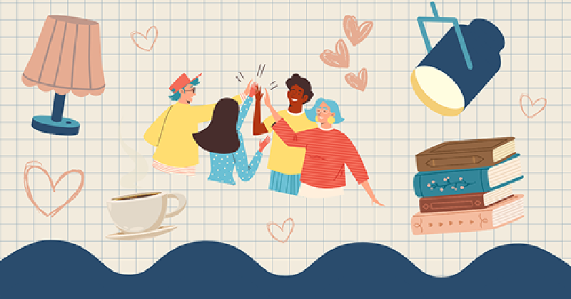 Collage of images that includes a group of people high-fiving