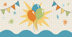 A celebratory collage of images featuring balloons, banners, and stars 