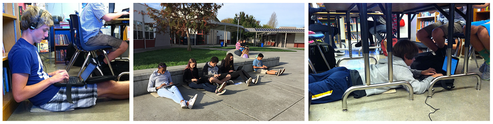 A montage of images of students writing in different locations 