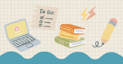 Collage of writing tools, including a laptop, a to-do list, a stack of books, and a pencil.