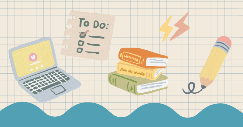 Collage of writing tools, including a laptop, a to-do list, a stack of books, and a pencil.