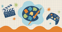 A collage of images including a film set clapper, a painter's palette board, and a video game console controller