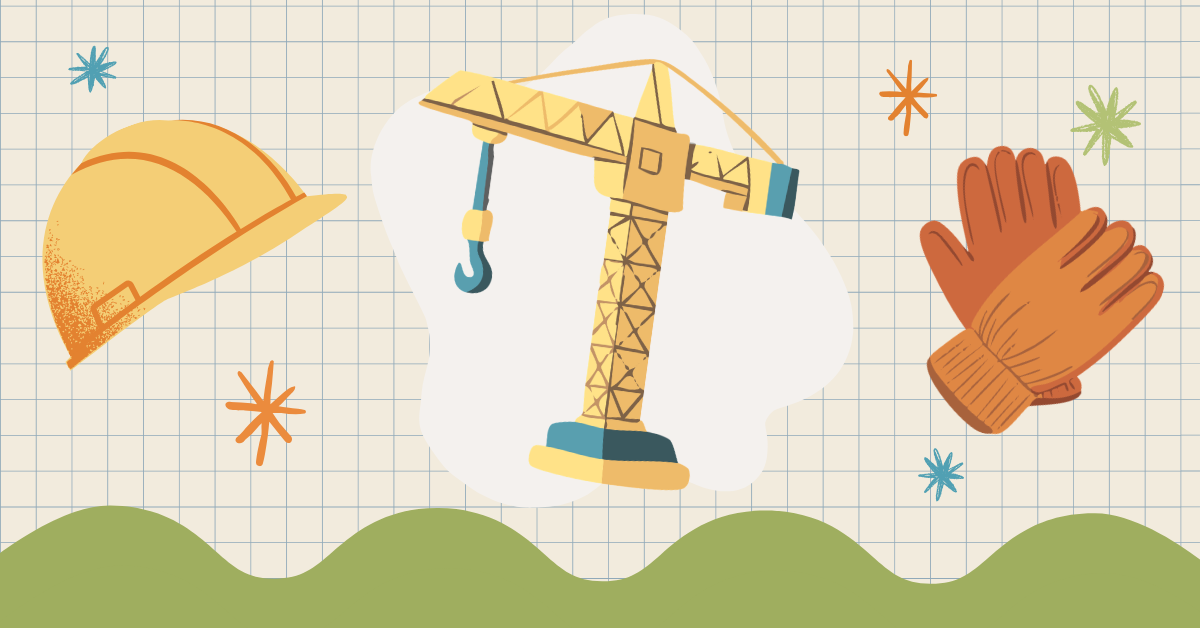Illustrated collage of a construction hard hat, crane, and work gloves
